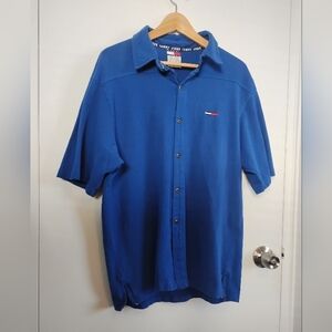 *RARE* VTG 00s Tommy Hilfiger Jeans Blue SS Full Button Placket Polo Shirt Logo